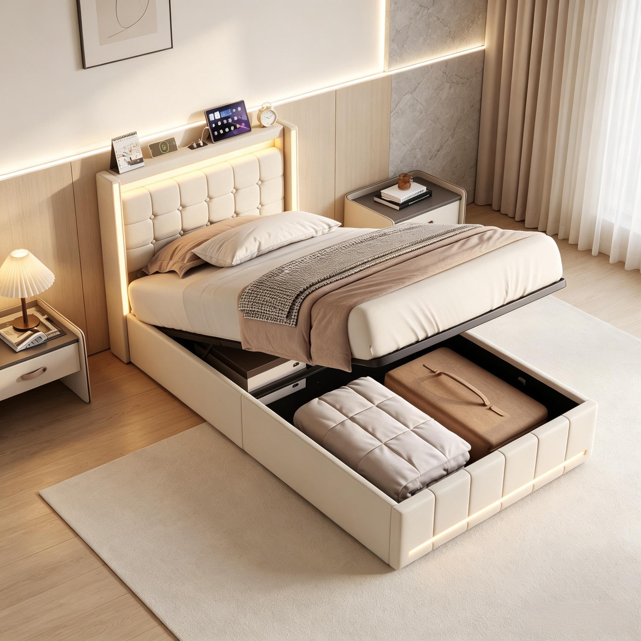 Cama baúl de 90 x 200 cm con LED y USB/Tipo C, cama doble acolchada 90x200 con almacenamiento hidráulico, marco de cama capitoné para 2 personas con somier de láminas, camas para adultos (Beige-D