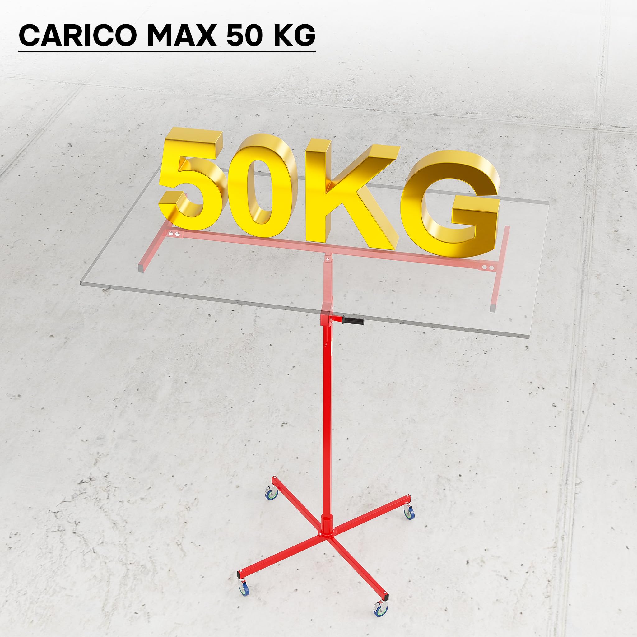 Wiltec Alzalastre per cartongesso fino a max. 50 kg, altezza 190-330 cm, ausilio di montaggio per cartongesso, sollevatore per pannelli con 4 ruote, freni di stazionamento