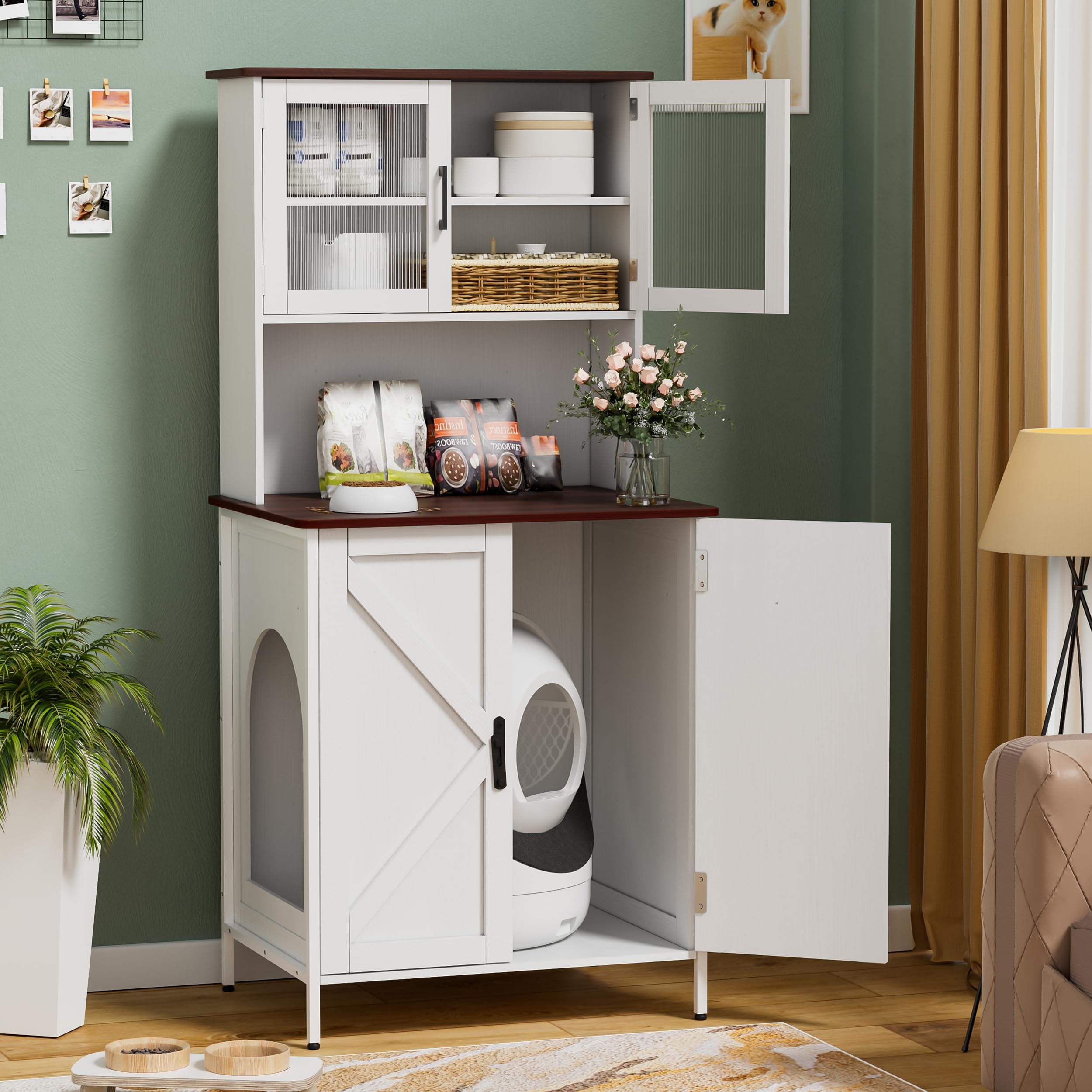 PAKASEPT Cat Litter Box Enclosure Furniture for Self-Cleaning Cat Litter Box with Shelves and Doors