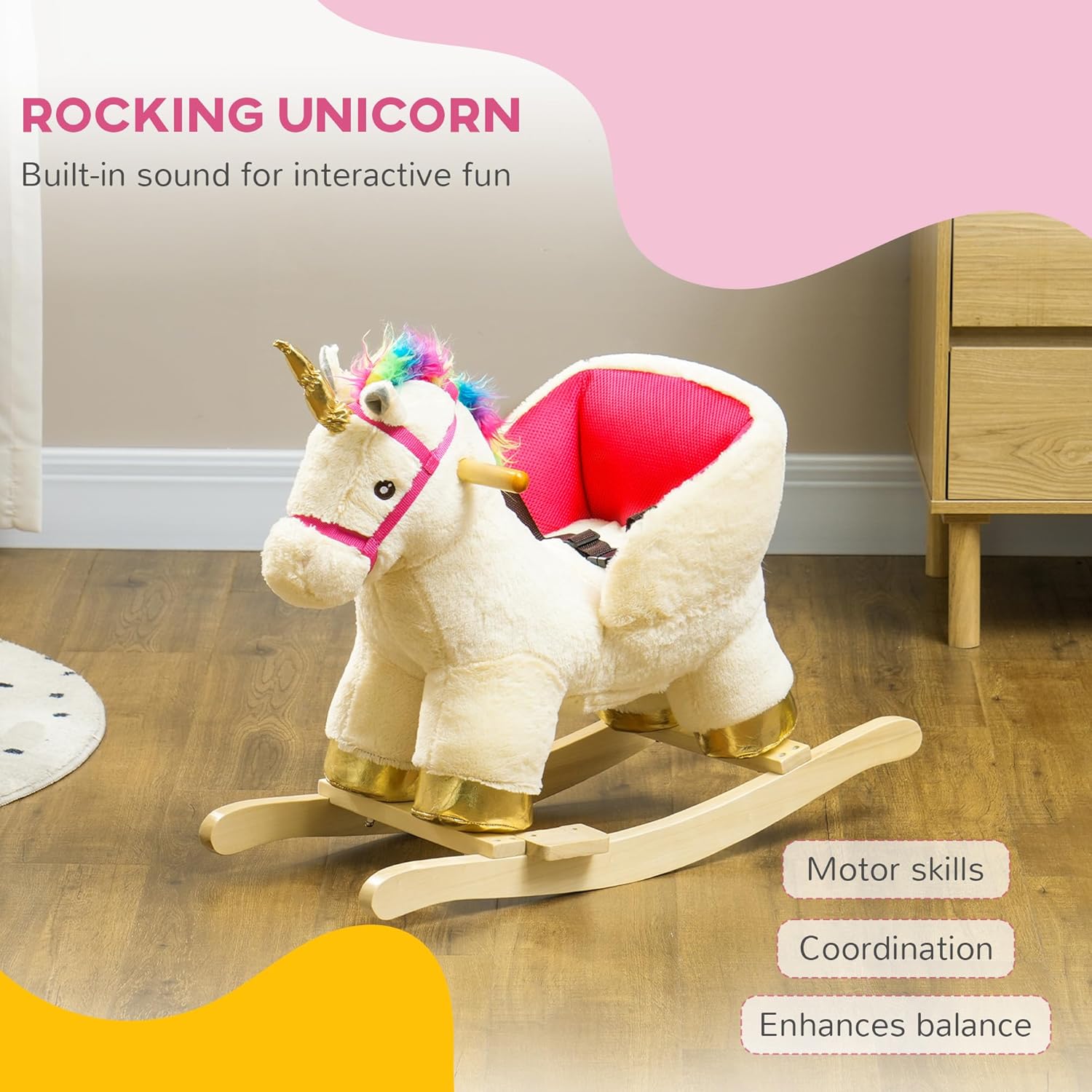 Qaba Kids Rocking Horse, Ride on Unicorn with Realistic Sounds, Safety Belt & Wooden Base, Plush Animal Rocker for Toddlers 18-36 Months, Cream White