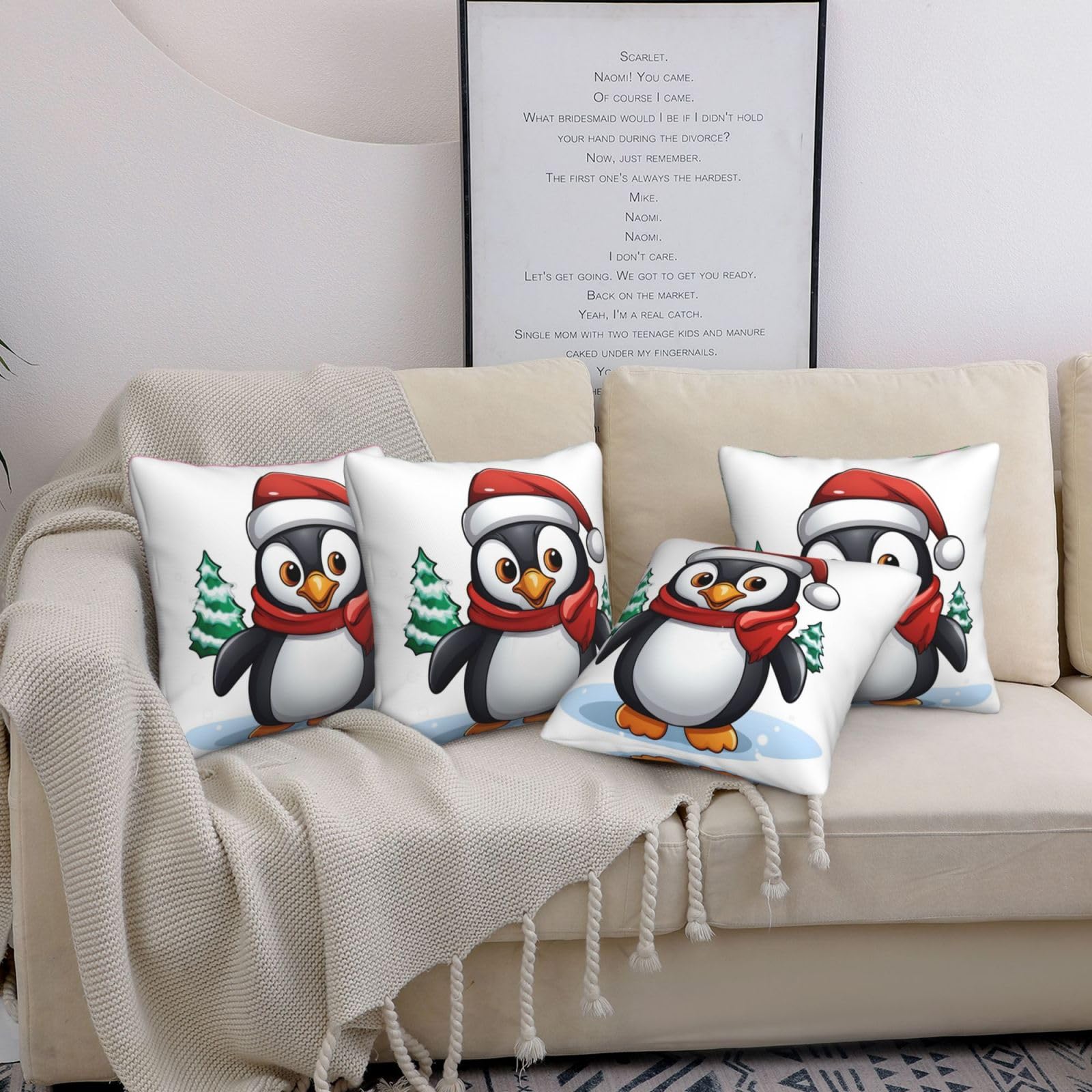 Housse de coussin Noël en textile doux de qualité supérieure, motif pingouin moderne 50x50