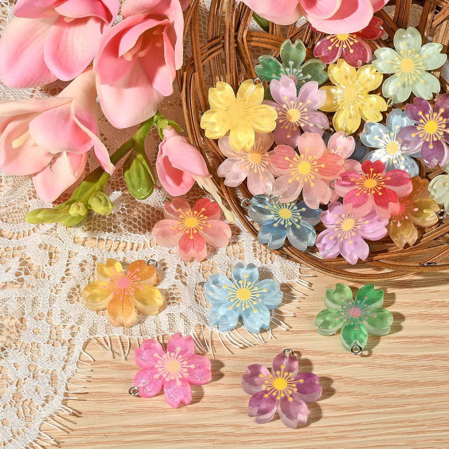 DanLingJewelry 24Pcs Resin Cherry Blossoms Flower Charms Flowers Charms for Women Jewelry Making Necklace Earrings - Image 4