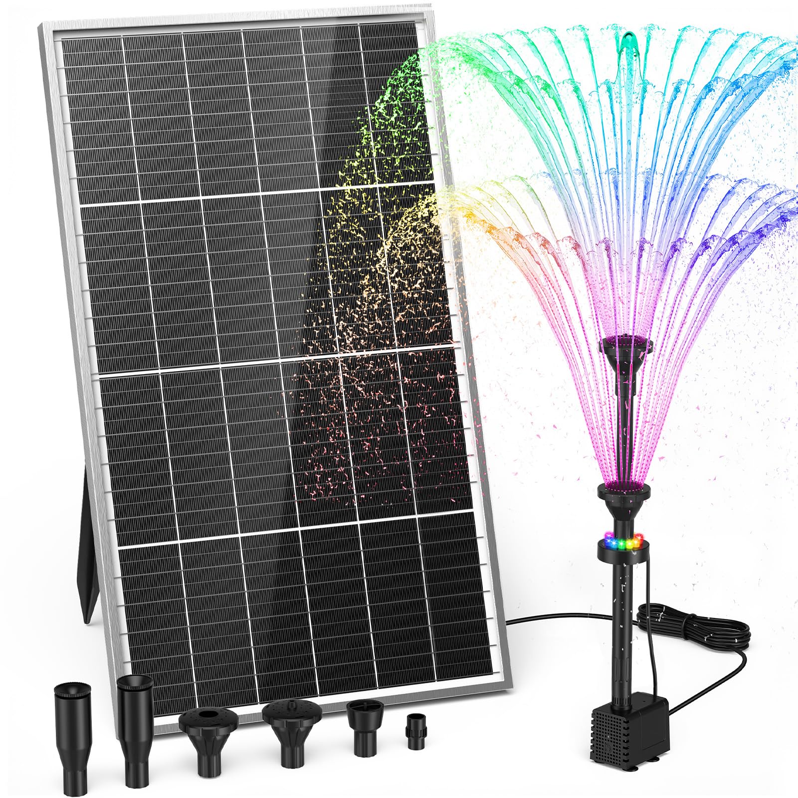 AMZtime 20W Bunte LED Solar Springbrunnen für Außen mit 4000mAh Akku, Aufgerüsteter Solarbrunnen für Draussen,DIY Solar Teichpumpe mit 5 Effekte, Solar Wasserpumpe für Garten, DIY Wasserspiel, Teich