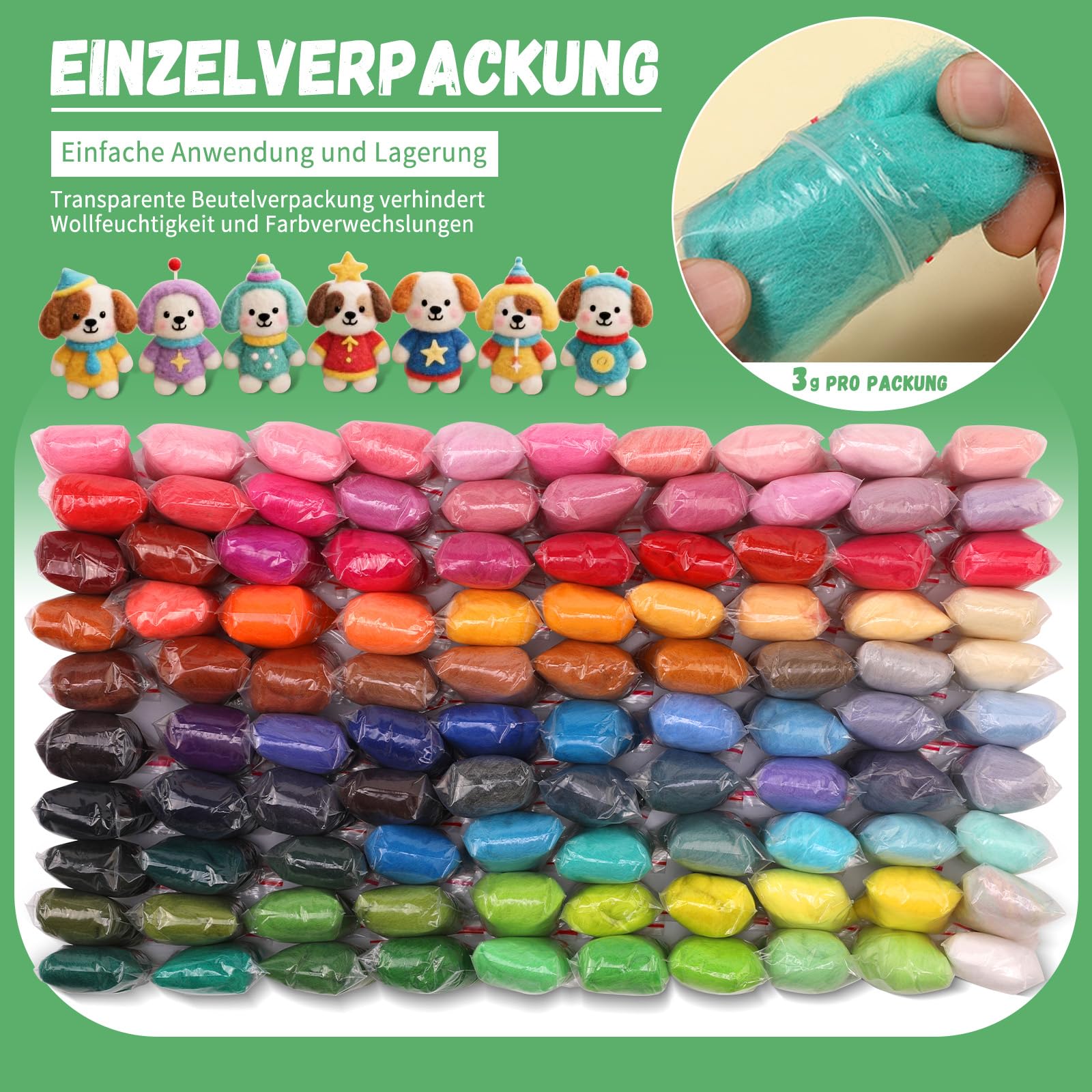 Juego de lana de fieltro de 100 colores – 300 g de lana de oveja para fieltro húmedo y seco | Premium lana merino para tejer, fieltro con fibras naturales