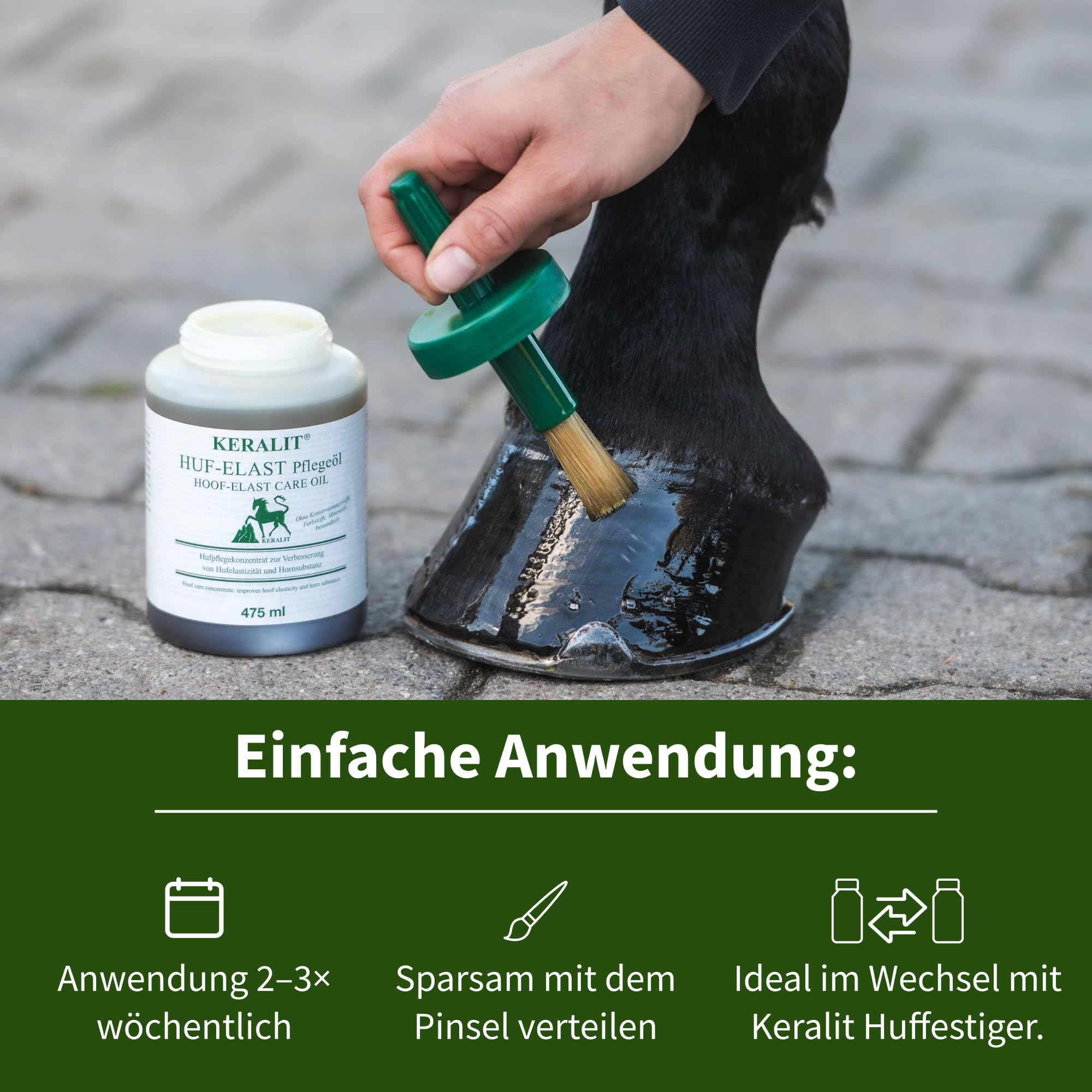 Keralit Huf‑Elast mit Pinsel – wasserlösliches Hufpflege‑Öl für Pferde mit Lorbeer‑, Sesam‑, Avocado‑ & Jojobaöl – für trockene Hufe, mehr Elastizität & Belastbarkeit, feuchtigkeitsbindend