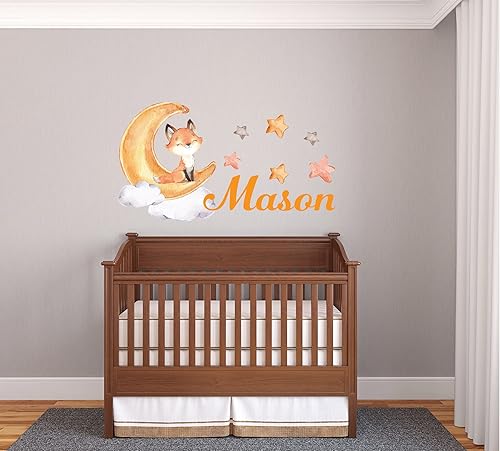 Miniatura 7 de Calcomanía de pared de zorro  Calcomanía de pared con nombre de guardería  Arte de decoración de pared con nombre personalizado  Calcomanías de