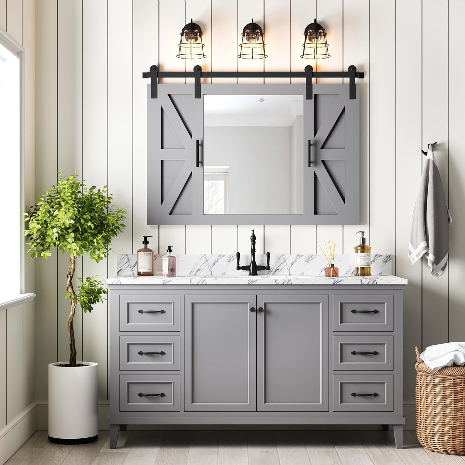 COGOOD Farmhouse Barn Door Mirror - 37" x 26" Rustic Wood Framed Mirror Wall Decor for Dining Room, Bathroom, Living Room, Bedroom Decorative, Rustic Grey