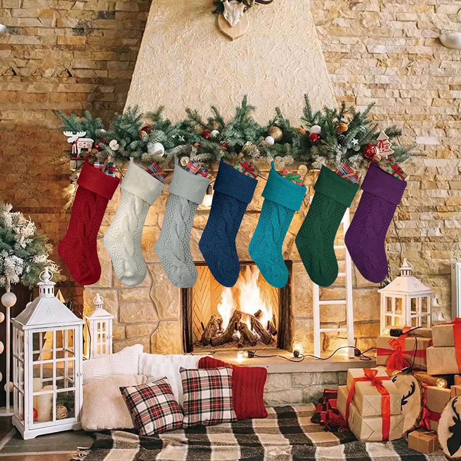 Navy Blue Knit Christmas Stockings 18" Large Cable Knitted Christmas Stocking for Fireplace Mantel Xmas Tree Decorations Bulk Hanging Xmas Socks Ornaments for Family Holiday Party Favors
