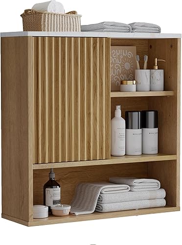 Vista 9 de Armario de Pared de Baño Estilo Granja Acanalado, Botiquín Sobre el Inodoro Armario de Almacenamiento con Estante Ajustable, Organizador de Armario