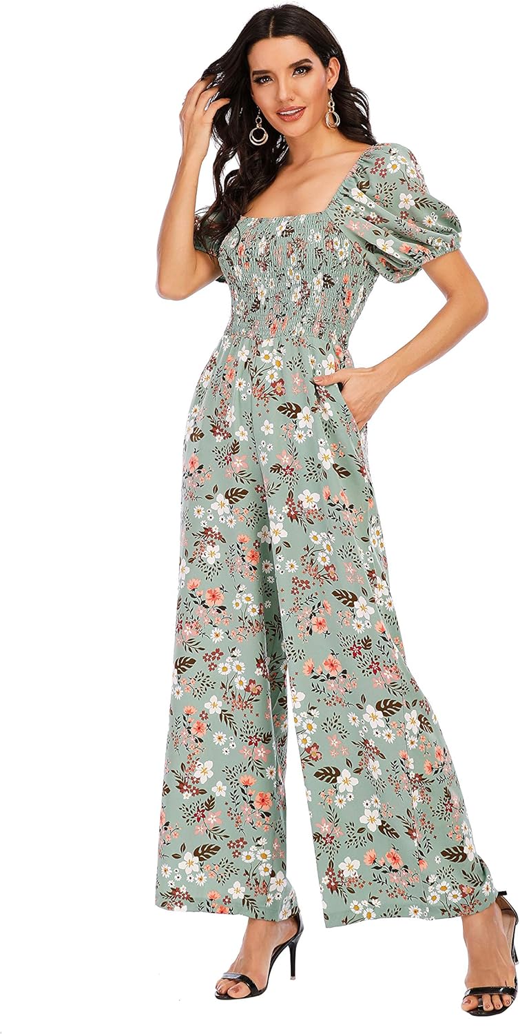 Love Welove Fashion Jumpsuits for Women Dressy Casual – Floral Spring Wide Leg Smocked One Piece Romper Outfits - Image 3
