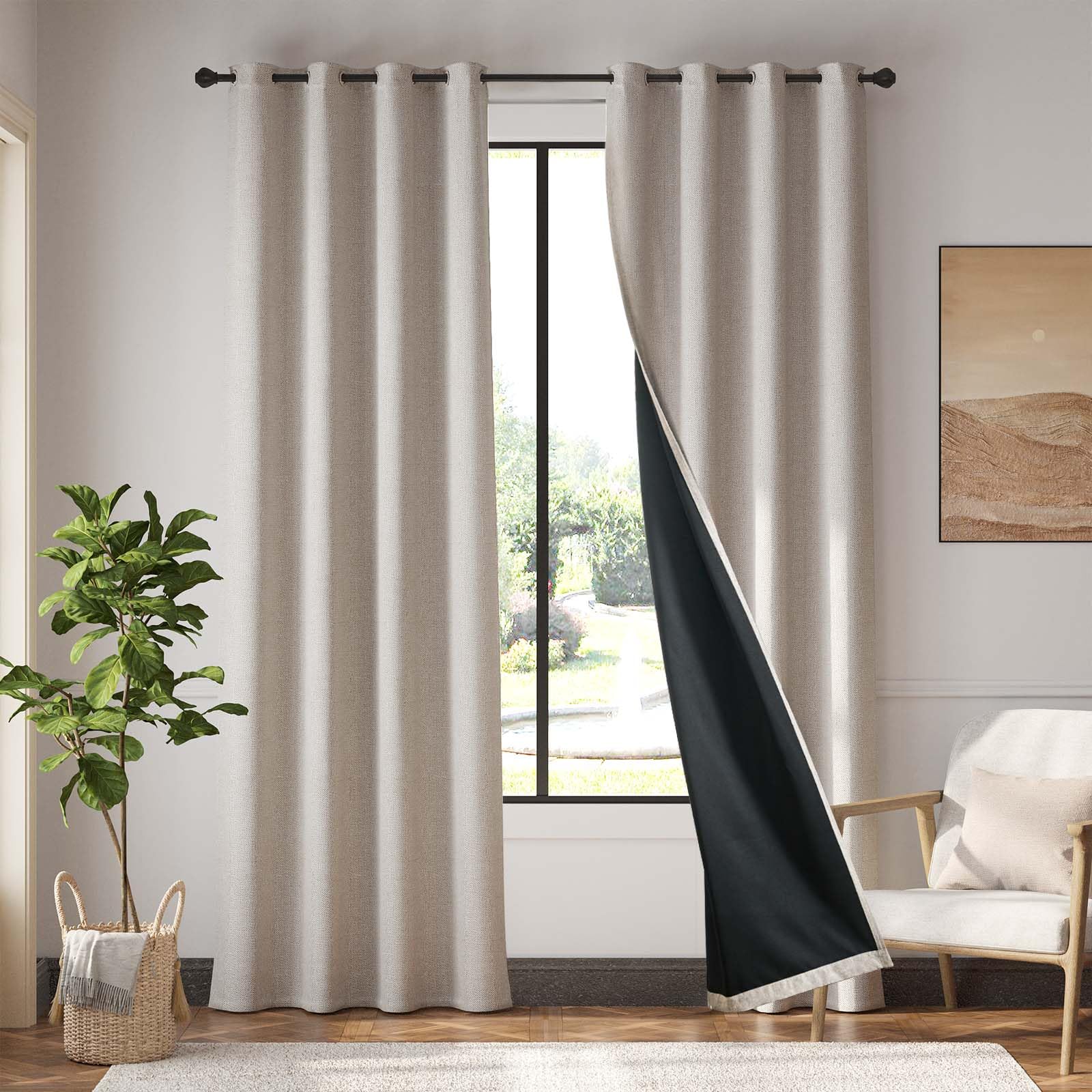 jinchan 100% Blackout Curtain 84 Inch Length, Faux Linen Curtain for Living Room, Thermal Insulated Room Darkening Grommet Top Window Drape, 1 Panel Curtain for Bedroom Greige