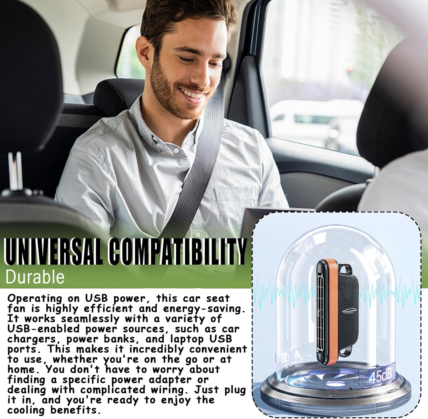 Car Backseat Fan, Dual Turbine Bladeless Cooling Fan with 3 Speeds, Quiet & Safe USB Powered Car Seat Fan for Kids Pets, Vehicle Air Circulator for Rear Passengers (Black)