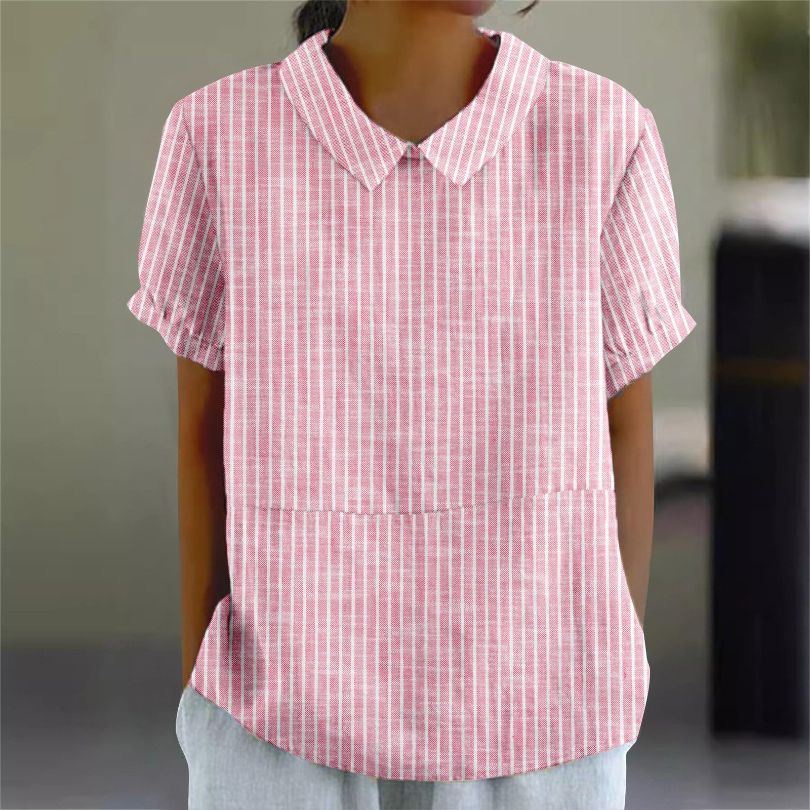 Gestreift Bluse Damen Elegant Peter-Pan-Kragen Blusenshirt Kurze Ärmel Tshirt Gestreiftes Oberteil Tunika Lose Hemdbluse Sommerbluse Shirtbluse Blusehemd Blusen Damenblusen Blusentop