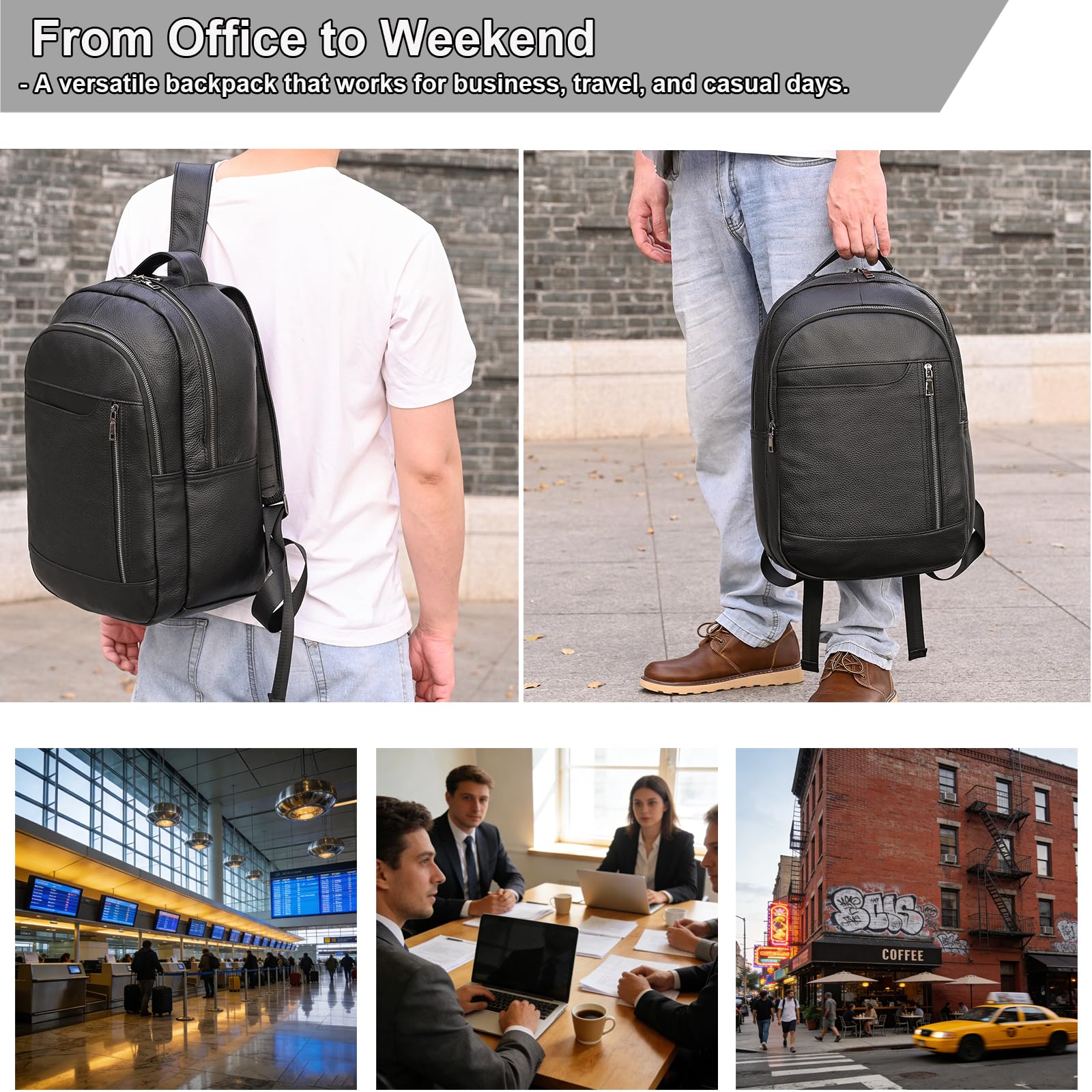 Zaino per computer portatile da 15,6 pollici in vera pelle, multi tasca, sottile, borsa a tracolla per viaggi d'affari, A16-nero, Free size, Casual