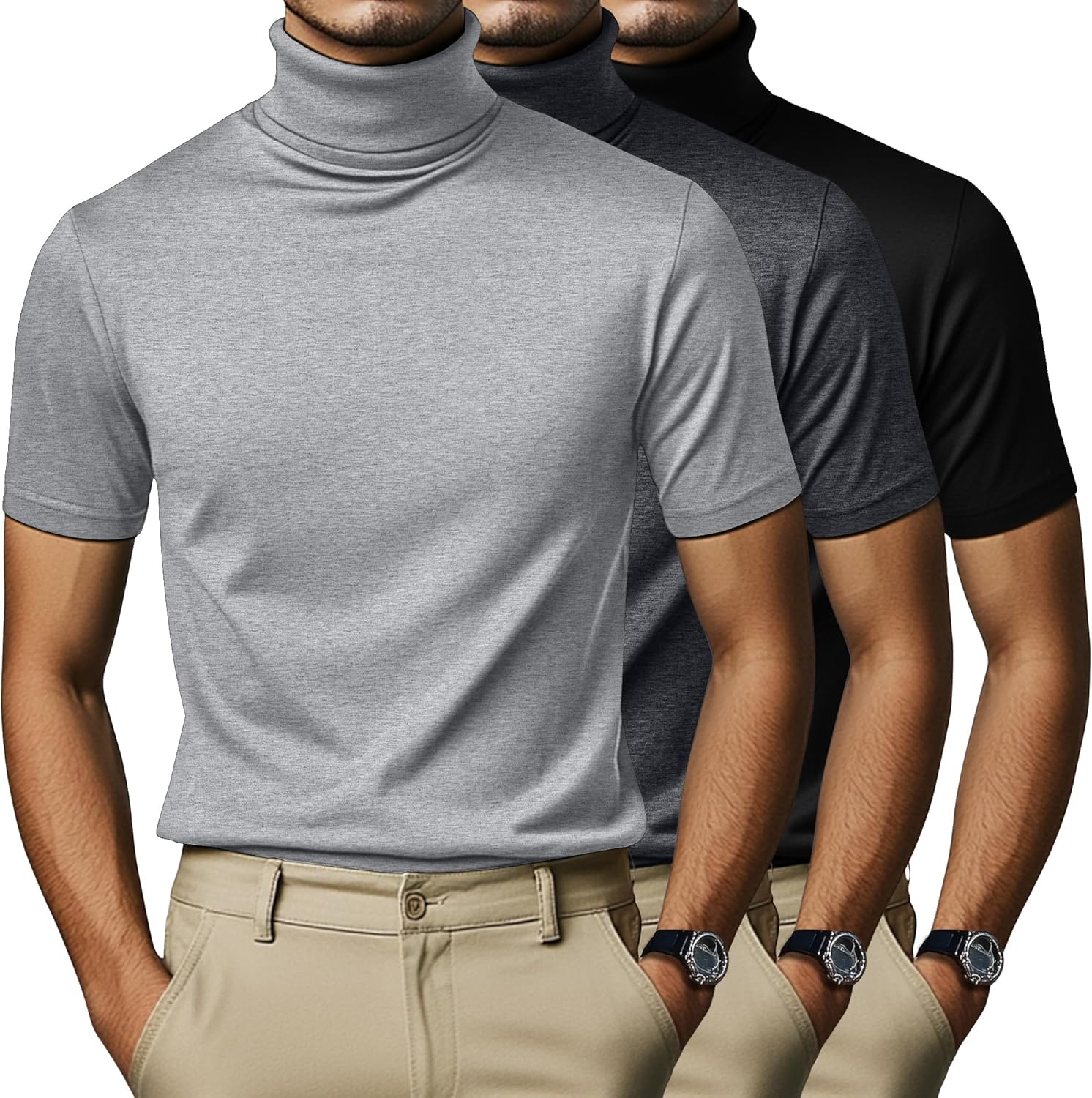 3 Pack Men's Turtleneck T Shirts, Short Sleeve Mock Neck Casual Undershirt Summer Slim Fit Basic Pullover Tops