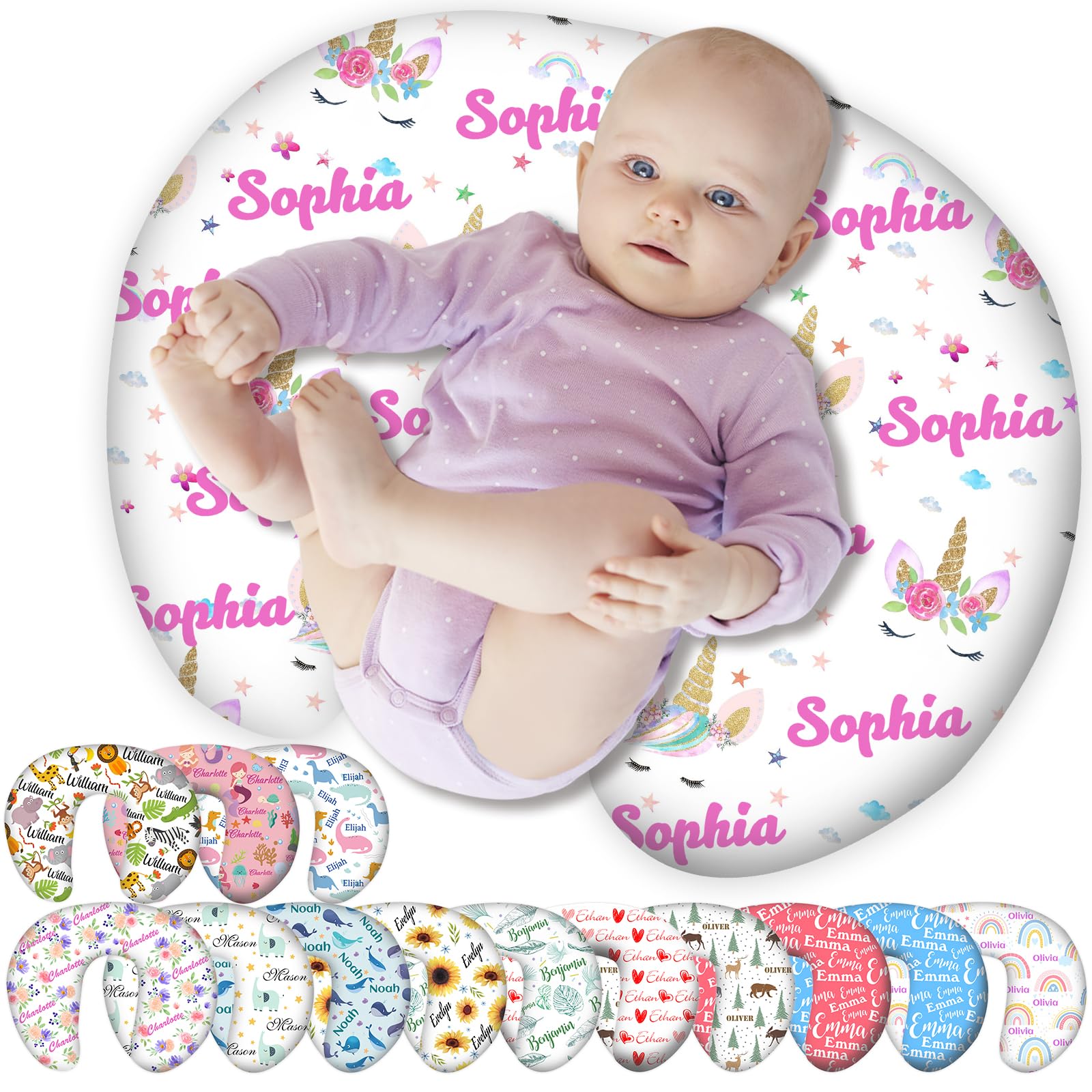 Personalised Nursing Pillow Cover Custom Baby Pillow Case with Name for Girl Boy Newborn Breastfeeding Pillow White-unicorn