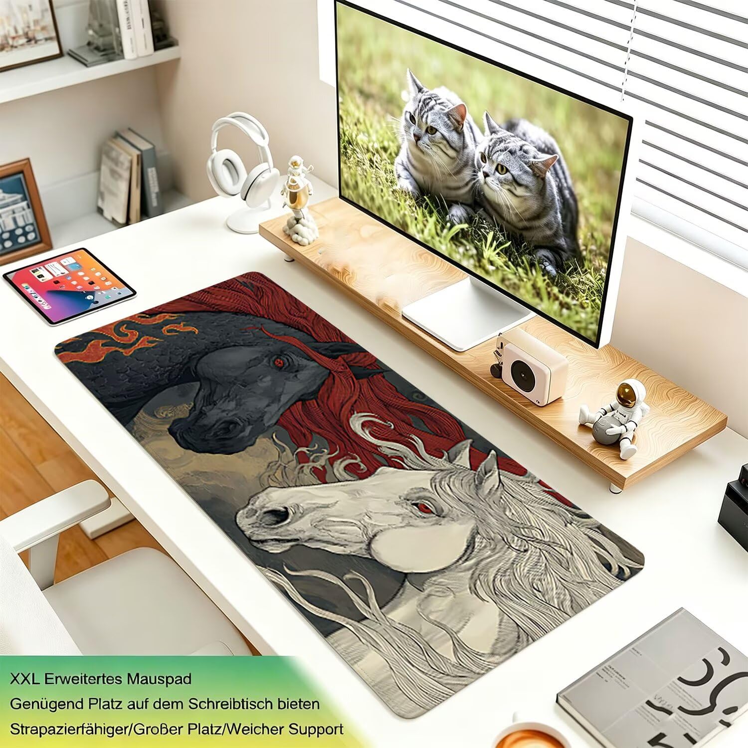 Tappetino Mouse Gaming XXL, Mousepad 1200x600x4mm bianco nero Lupo 0x0-213 | Tappetino Scrivania con Base in Gomma Antiscivolo Bordi Cuciti per Computer, PC, Migliora la Precisione e la Velocità