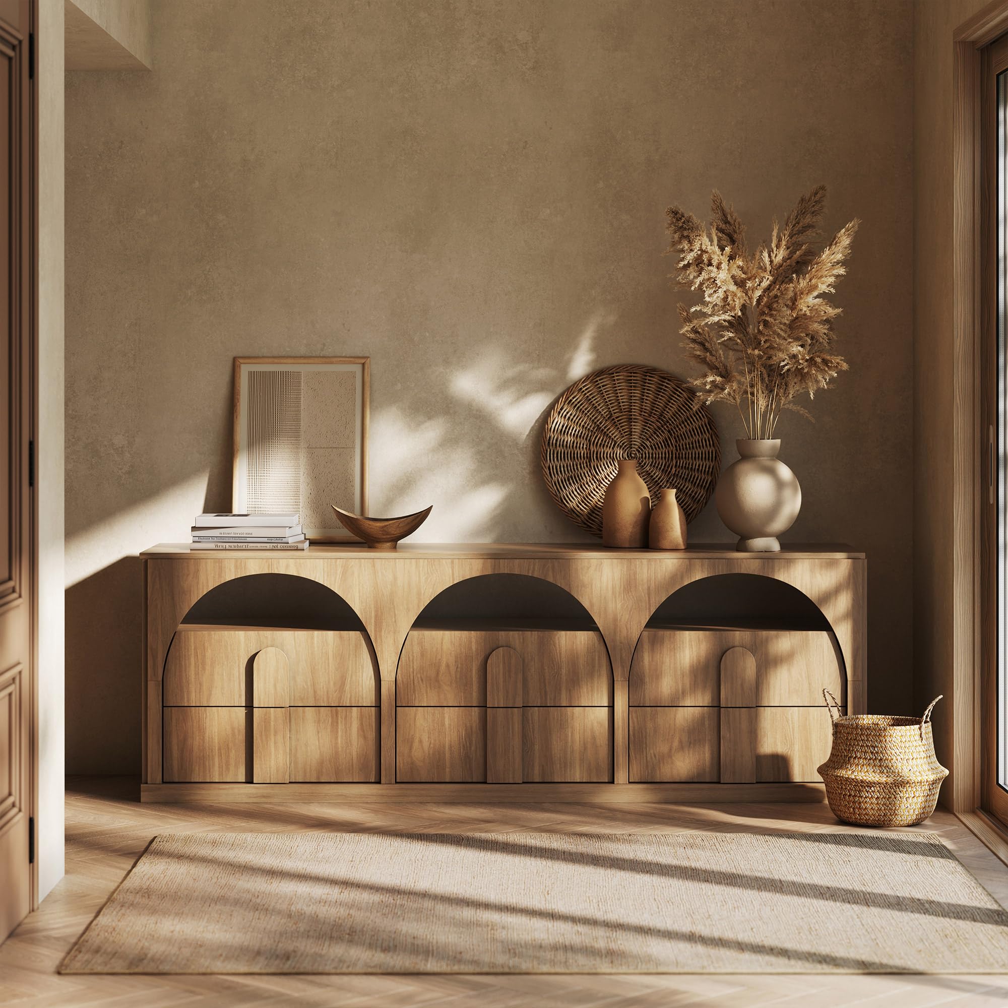 BELLEZE 70" TV Stand for TVs up to 75", Modern Arched Media Console Entertainment Center with 6 Drawers & Shelf Storage, Camel