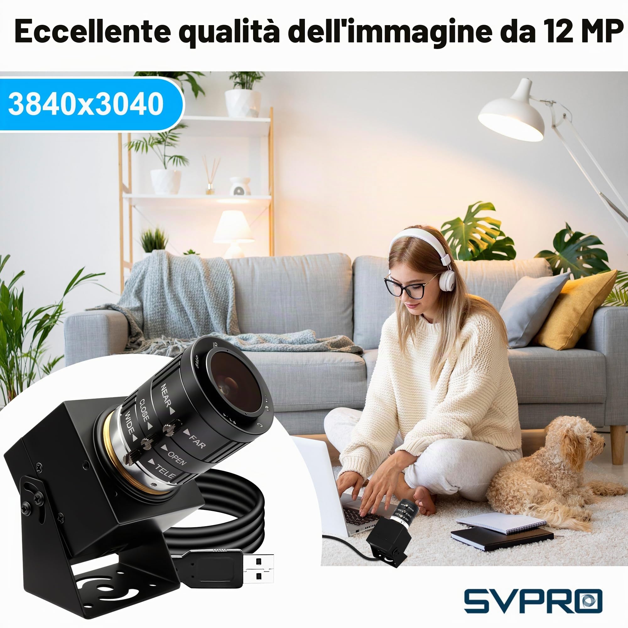 SVPRO Telecamera USB 1080p, 120 fps, 12 MP, 4K, Glof Swing, fuoco manuale 3X zoom ottico, Lightburn UVC PnP per computer portatile