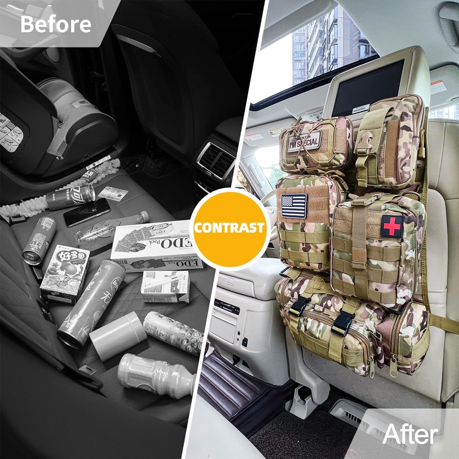 Organizer Tattico per Schienale Auto con 5 Tasche Rimovibili | Sistema Molle Universale Per Auto, SUV E Camion, Protegge Lo Schienale E Ottimizza Lo Spazio