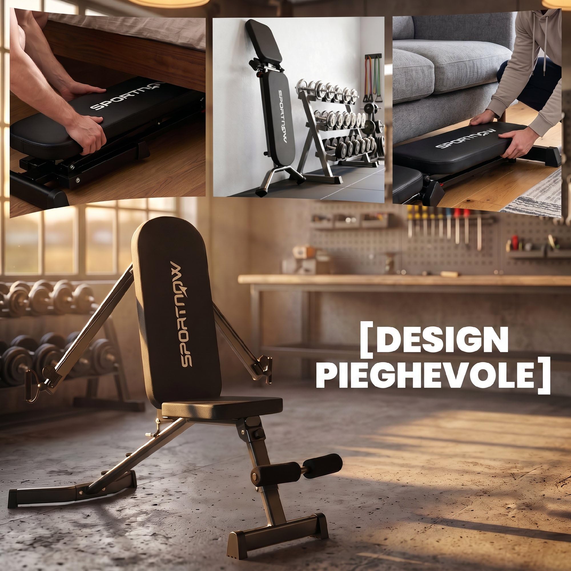 SPORTNOW Panca Pesi con Schienale Regolabile a 3 Posizioni Nero | Panca Palestra Pieghevole, Inclinata/Declinata/Piana, con Bande di Resistenza, per Allenamento Total Body