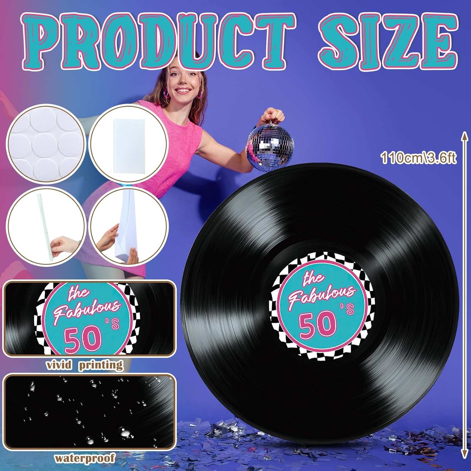 3.6 Feet 50s Music Themed Party Decorations Vinyl Record Cardboard Stand up Cutout 1950's Sock Hop Theme Stand up Photo Prop Disco Hip Hop Party Backdrops for Birthday Supply