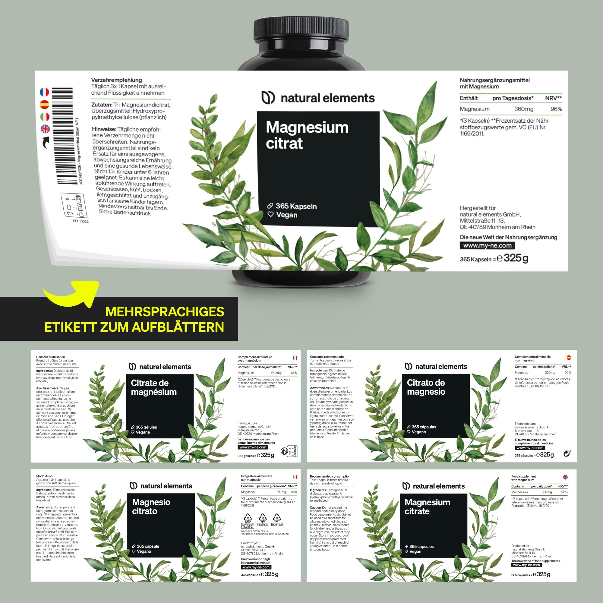 natural elements Magnesiumcitrat – 360mg elementares Magnesium pro Tagesdosis – 365 vegane Kapseln – 4-Monats-Vorrat – hochdosiert, ohne Zusätze – in Deutschland entwickelt & laborgeprüft