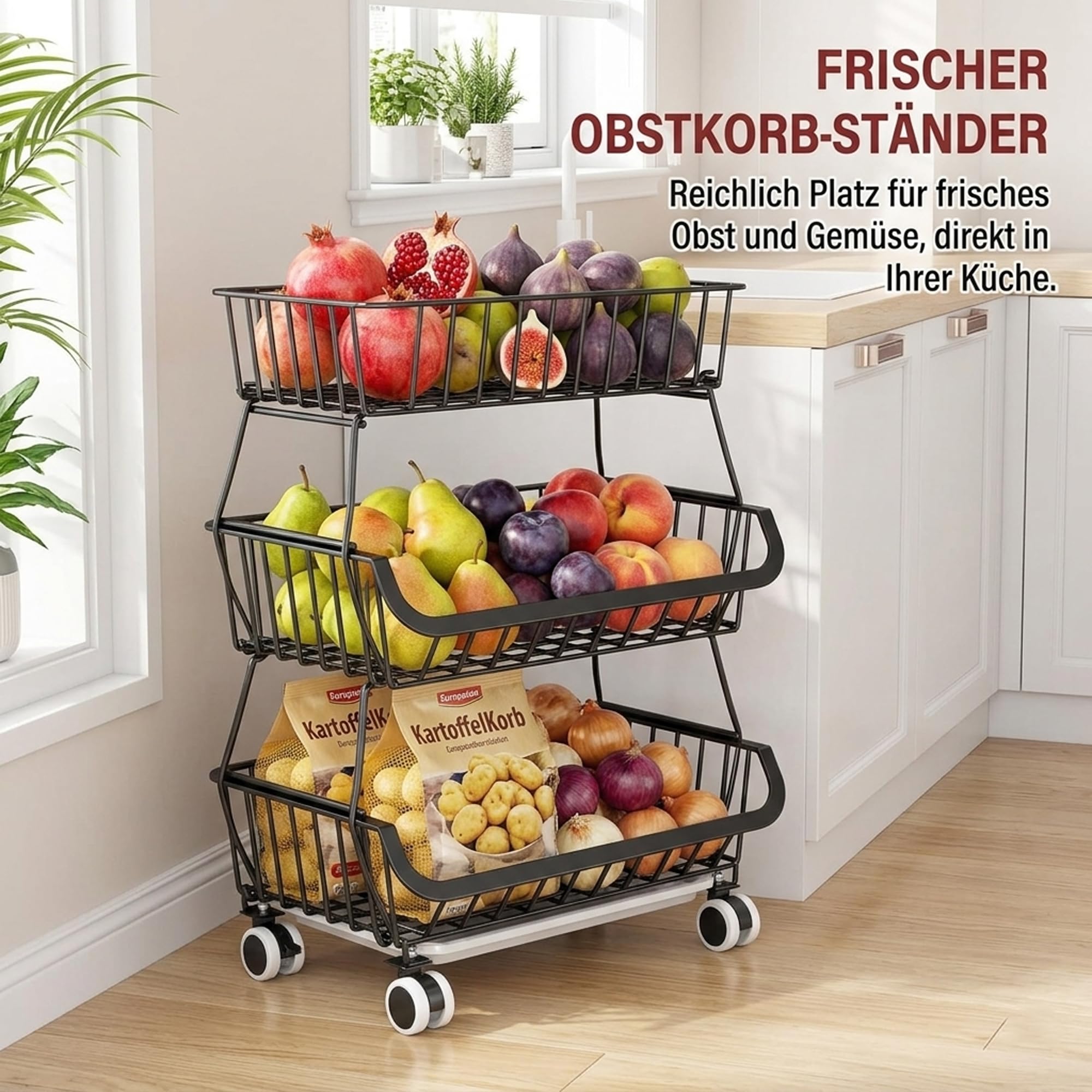 Obstkorb 3 Ebenen, rollbarer Gemüsekorb aus Metall, Früchtekorb Küchenwagen mit Rollen, Aufbewahrungskorb Organizer für Obst, Gemüse, Zwiebeln, Kartoffeln, Snacks, Küche, Vorratskammer, schwarz