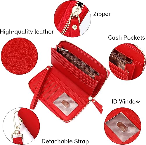 Miniatura 5 de VOCUS Cartera para mujer con bloqueo RFID y cremallera alrededor de la cartera de piel sintética grande para viaje, tarjetero de crédito con correa