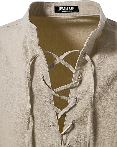Miniatura 4 de JEMITOP Men's Pure Cotton Retro Lace Up Shirts for Renaissance Pirate Medieval Viking