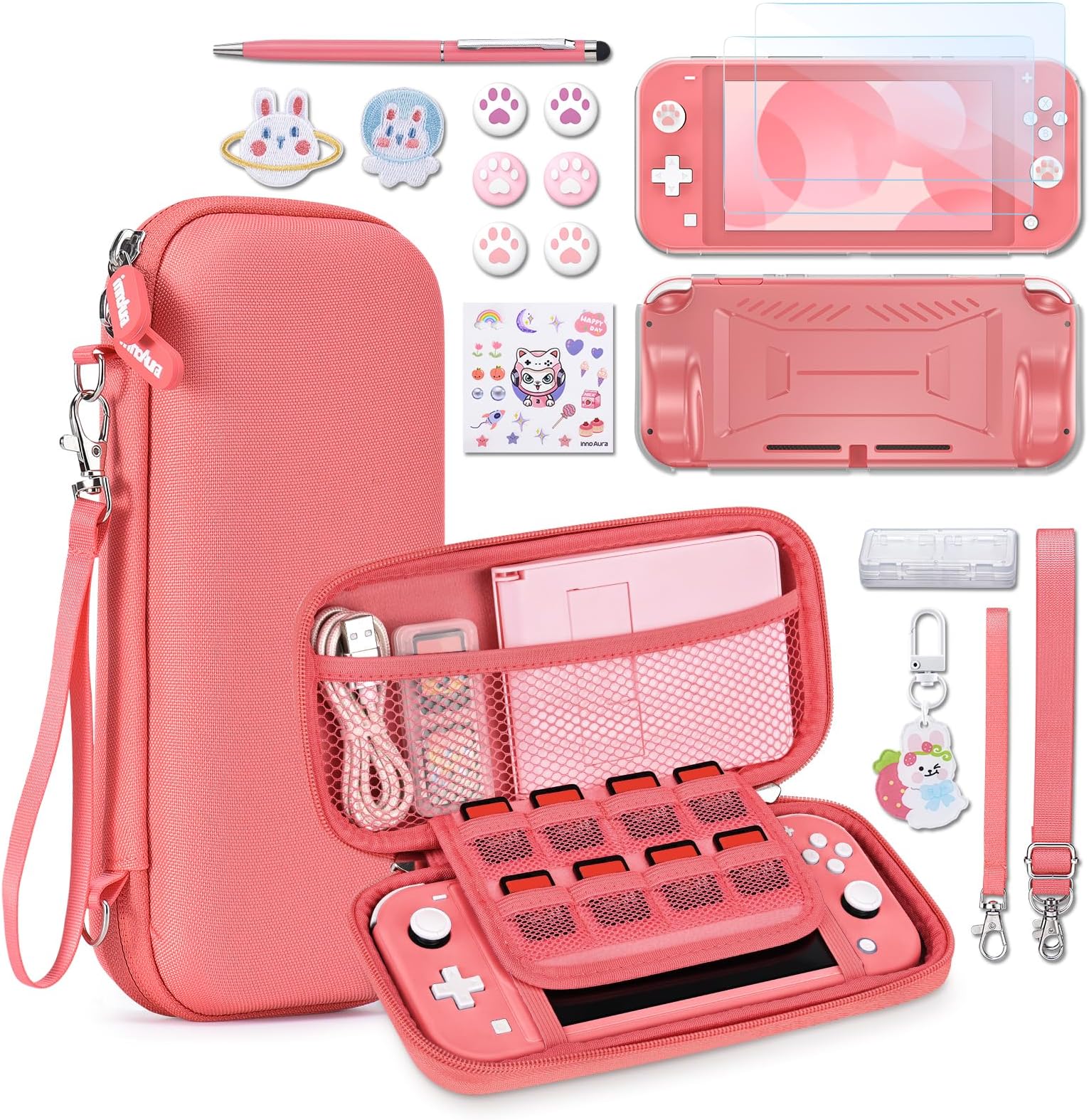 Switch Lite Case 17 In 1 Accessories Bundle With Carrying Case, Game Screen Protector, Thumb Grips (Coral)