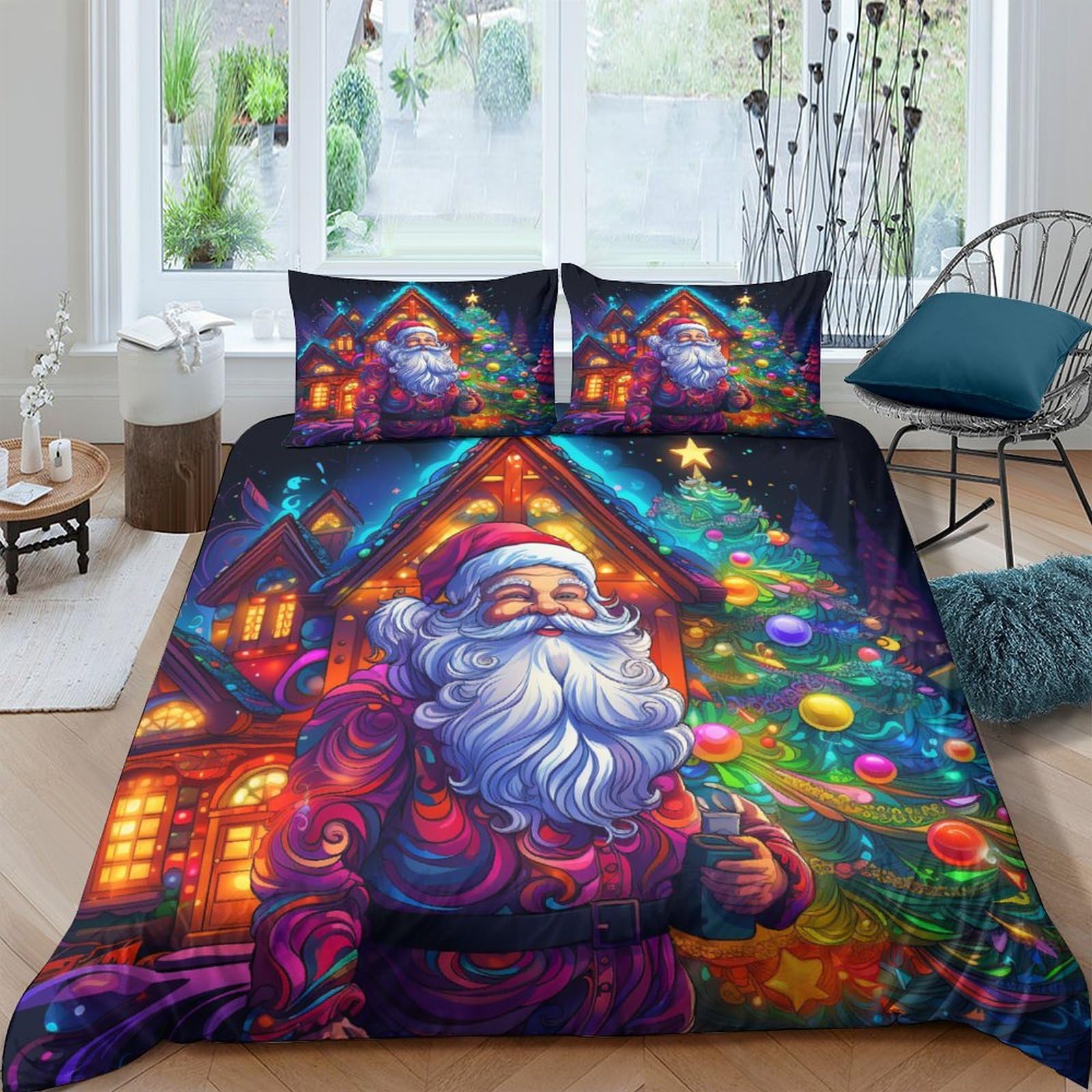 Housse de couette Noël sapin 3D parure de lit 3 pièces idée cadeau pour toute la famille