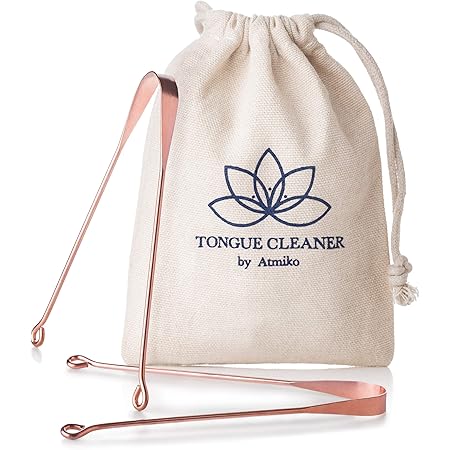 Atmiko Tongue Scraper, Ayurvedic Tongue Cleaner (Pack of 2) Pure Copper Metal Tongue Brush Sweeper for Daily Oral Dental Hygiene Fresh Breath and Health + Cotton Pouch
