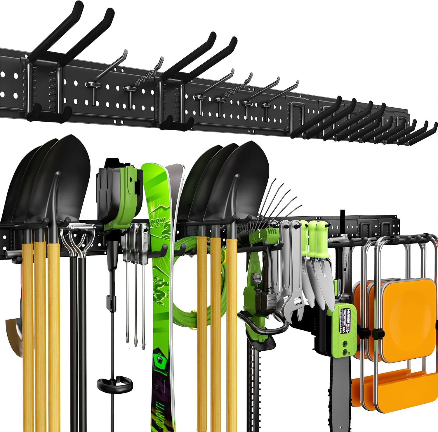 Garage Tool Organizer Wall Mount, 49.5 Inch Heavy Duty Garage Organization System with 10 Adjustable Hooks, Garden Tool Storage Rack for Garage, Yard & Shed, Holds Up to 400 lbs