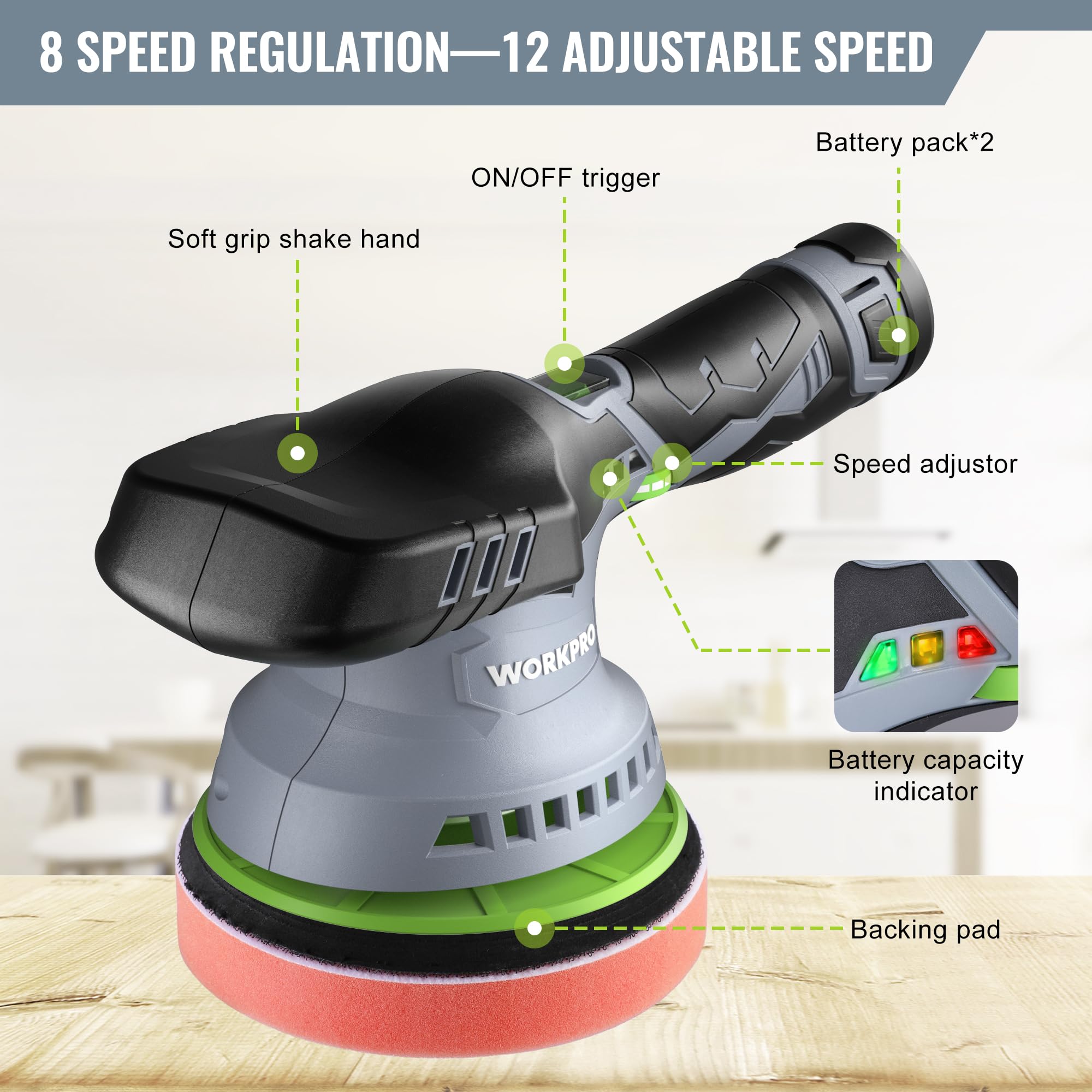 WORKPRO Polisseuse sans Fil 12V 150mm, Kit de Polisseuse Excentrique | 2 Batteries 2,0Ah, 2800-5500 tr/min, Charge Rapide 1 Heure, Sac à Outils, 23 Accessoires, Pour Voiture