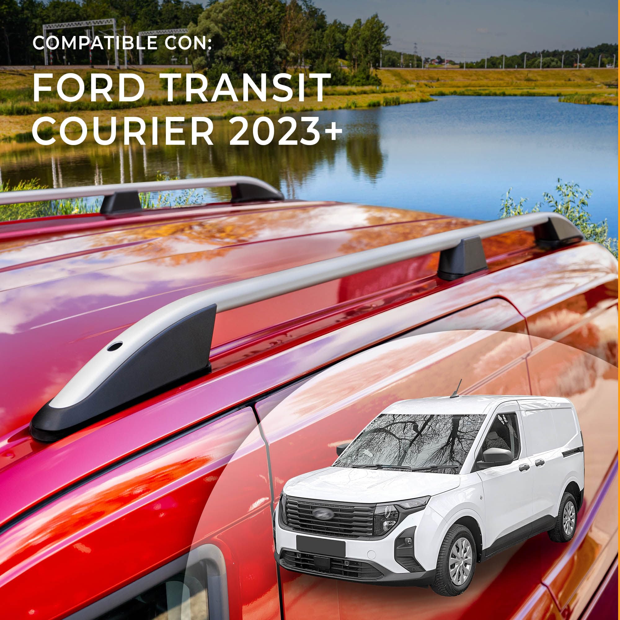 CHROMEMASTER | Barras Longitudinales de Techo Compatibles con Ford Transit Courier 2023+; Permiten el Montaje de Barras de Techo, Cofre de Techo y Portabicicletas | Instalación Fácil y Rápida