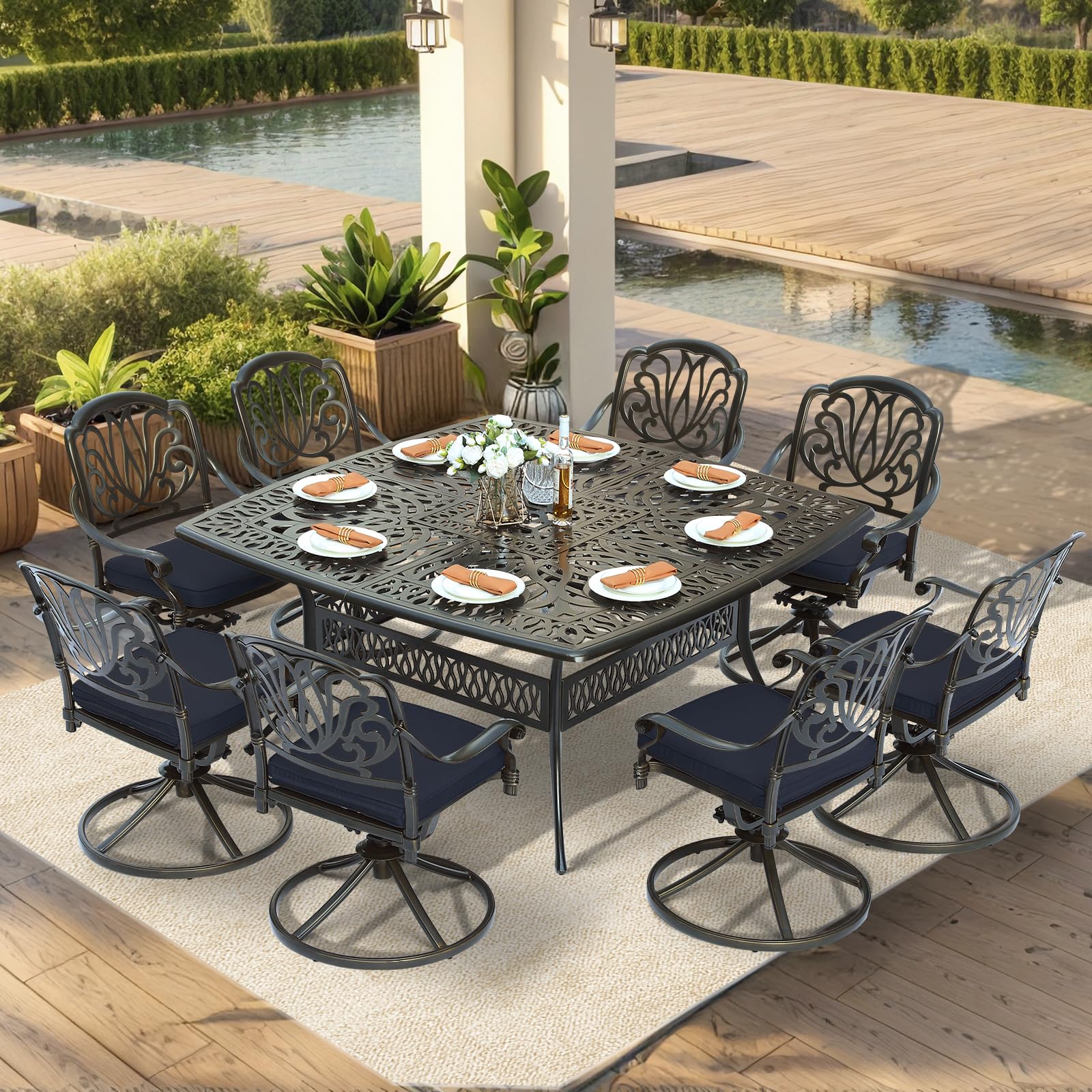 VIVIJASON 9-Piece Outdoor Furniture Dining Set for 8, All-Weather Cast Aluminum Patio Table and Chairs Set with 8 Swivel Rocker Chairs, 64" Large