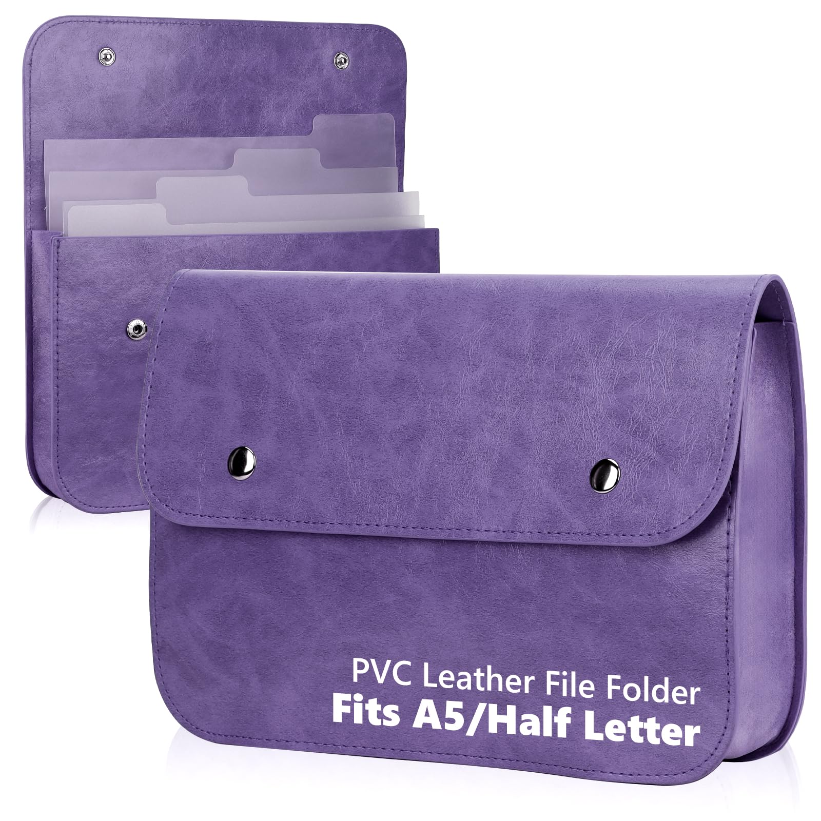 1 Pack Purple A5 PU Leather File Folder for Women Document Organizer with 4 Clear Dividers A5 Expanding Leather Document Holder Envelope Portfolio Holder with Snap for Office School
