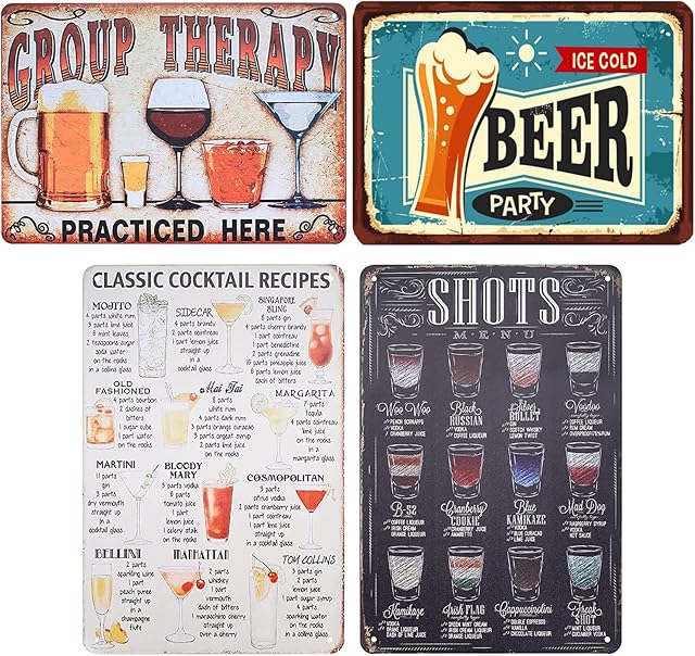 WAIZHIUA 4Pcs Cocktail Bar Signs Vintage Metal Tin Signs Retro Plaque Poster Wall Art Signs Decoration with 4 Hole for Home Bar Restaurant Pub Outdoor Garden