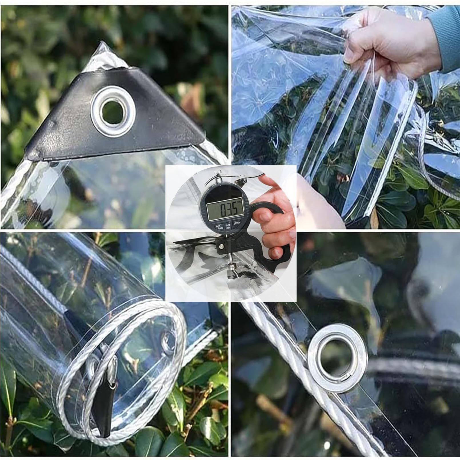 Telo in PVC trasparente con occhielli, telone 420g/m² resistente, 1.5x3m | 0,35mm telo resistente alle intemperie, 30cm distanza occhielli‑antistrappo, protezione trasparente per terrazze, giardini
