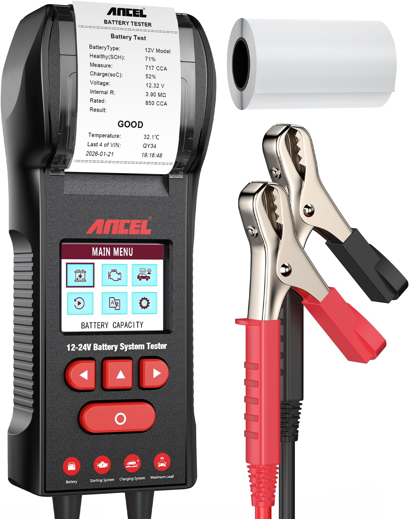 BST600 Car Battery Tester with Printer - 12V/24V, 100-2000 CCA, Digital Auto Battery Load Tester - Cranking and Charging System Test for Heavy Duty Truck, Marine, Motorcycles, RVs, SUVs, Boats