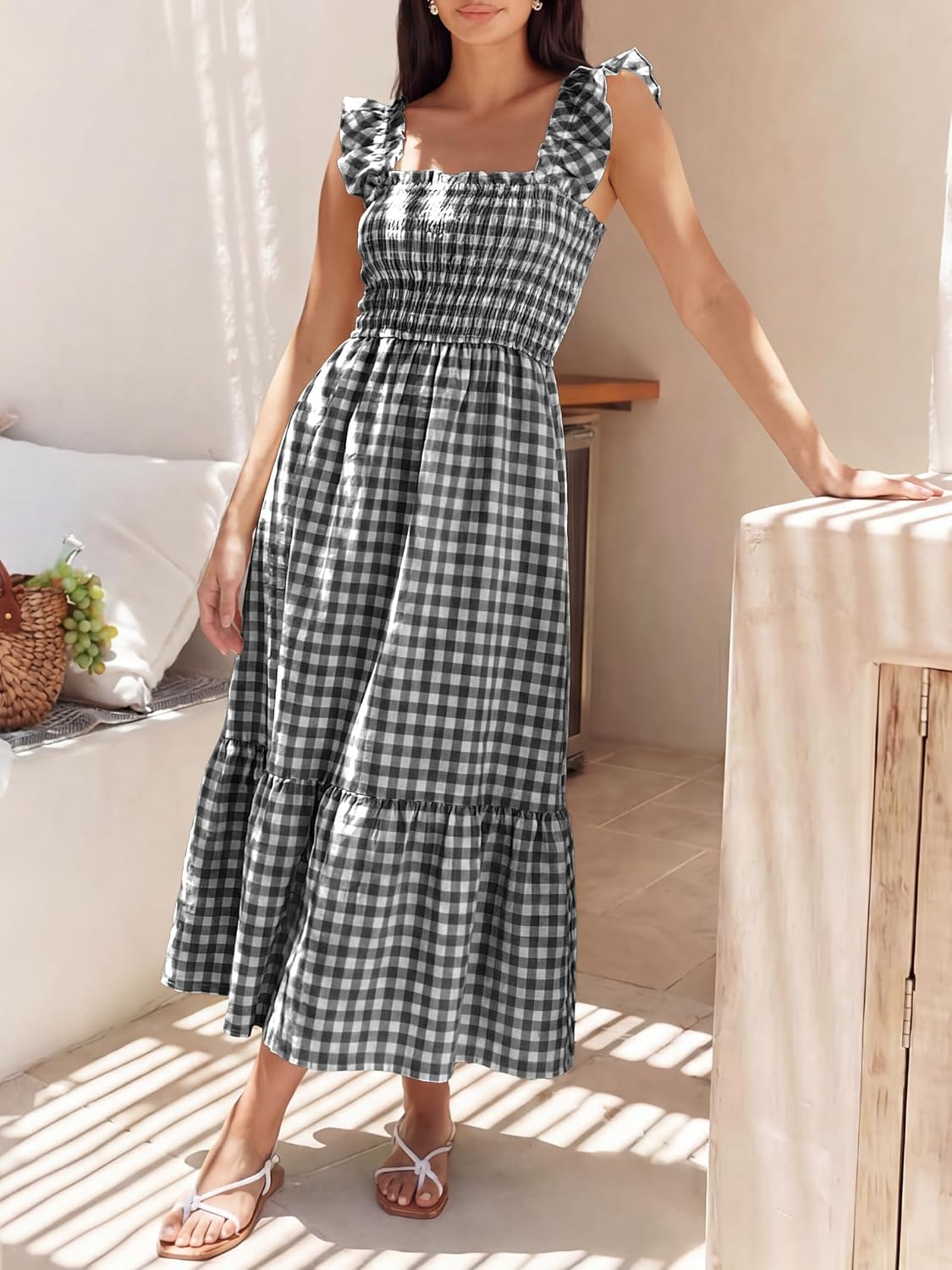 Caracilia Womens Summer Casual Maxi Dress Ruffle Spaghetti Strap Gingham Smocked Long Dresses 2026 Spring Vacation Sundress - Image 5