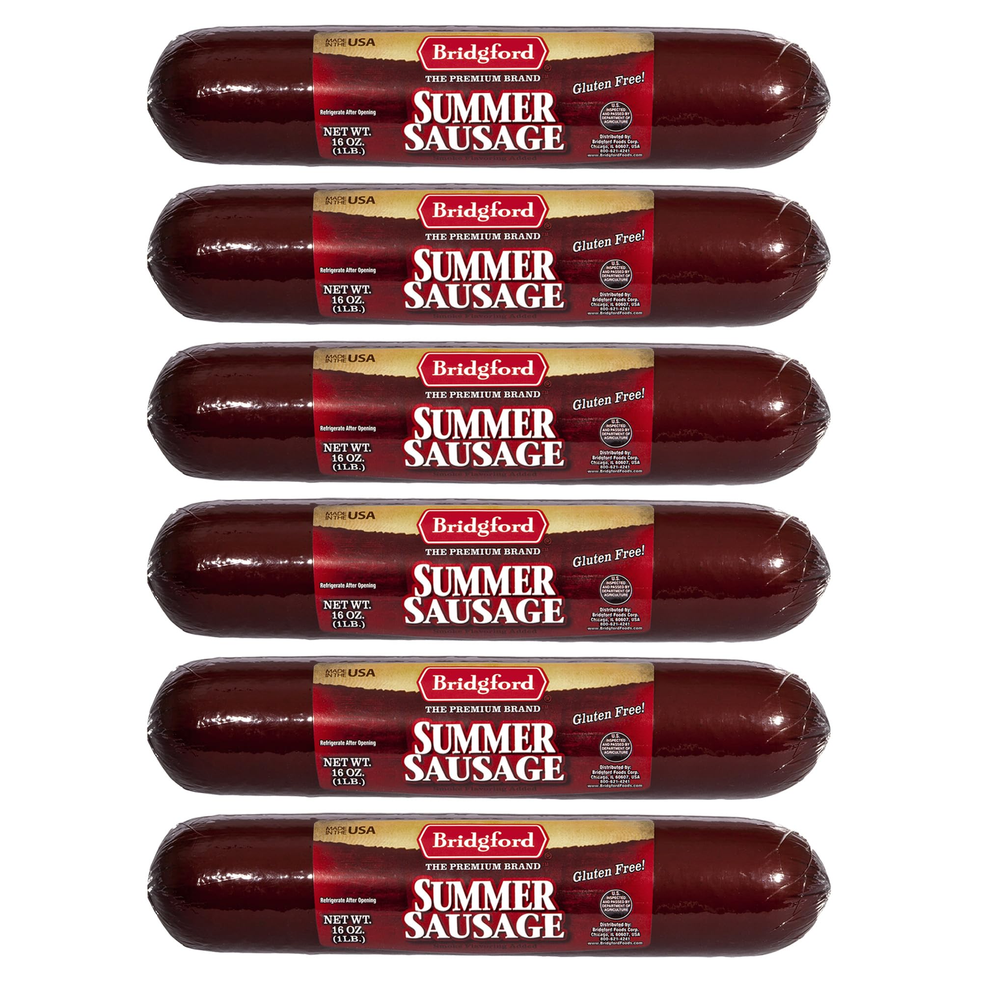 Bridgford Summer Sausage 16 oz Pack of 6 - Naturally Smoked Protein-Rich Keto-Friendly Shelf-Stable Snack - Great for Sausage Rolls and on Your
