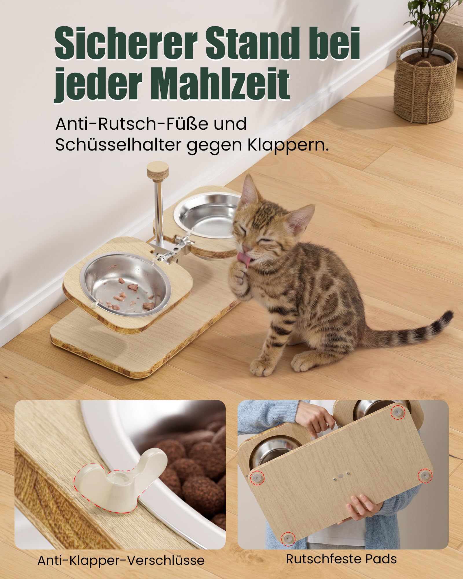 TOMXCUTE Katzennapf Erhöht aus Holz mit Edelstahlschüsseln | Individuell neigbare Näpfe, FSC-zertifiziertes Massivholz und 304 Edelstahl für ergonomisches Fressen und einfache Reinigung.
