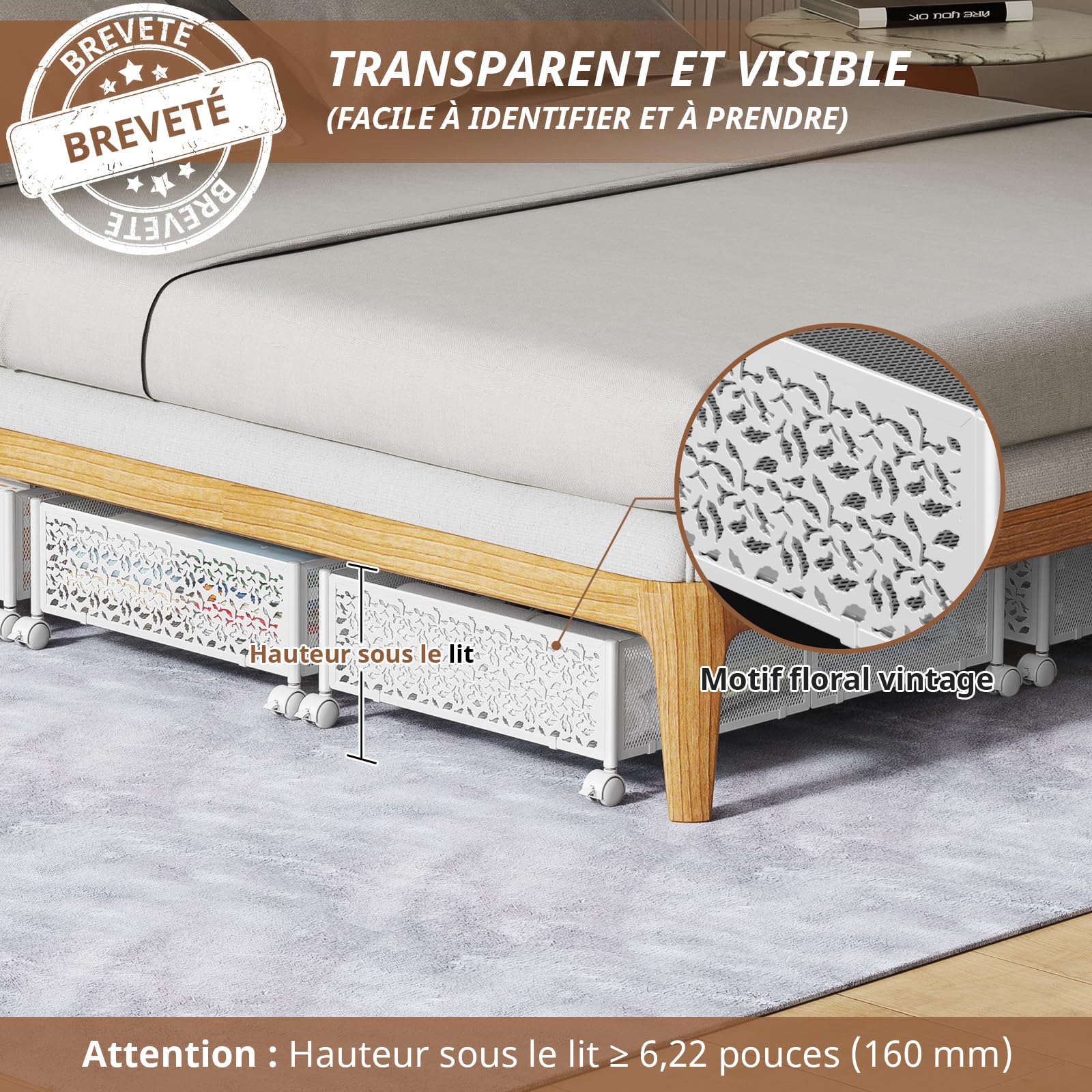 Lot de 2 Boîtes de Rangement sous le Lit avec Roulettes,en Métal,Blanc | Montage sans outil,glisse en douceur,accès facile,pour les lits bas-garde les vêtements,chaussures et chaussettes au frais