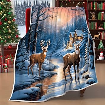 Christmas Throw Blanket Cute Deer Winter Forest Pine Tree Snowflake Cozy Warm Blankets for Couch Sofa Bed Decor 50" x 60"