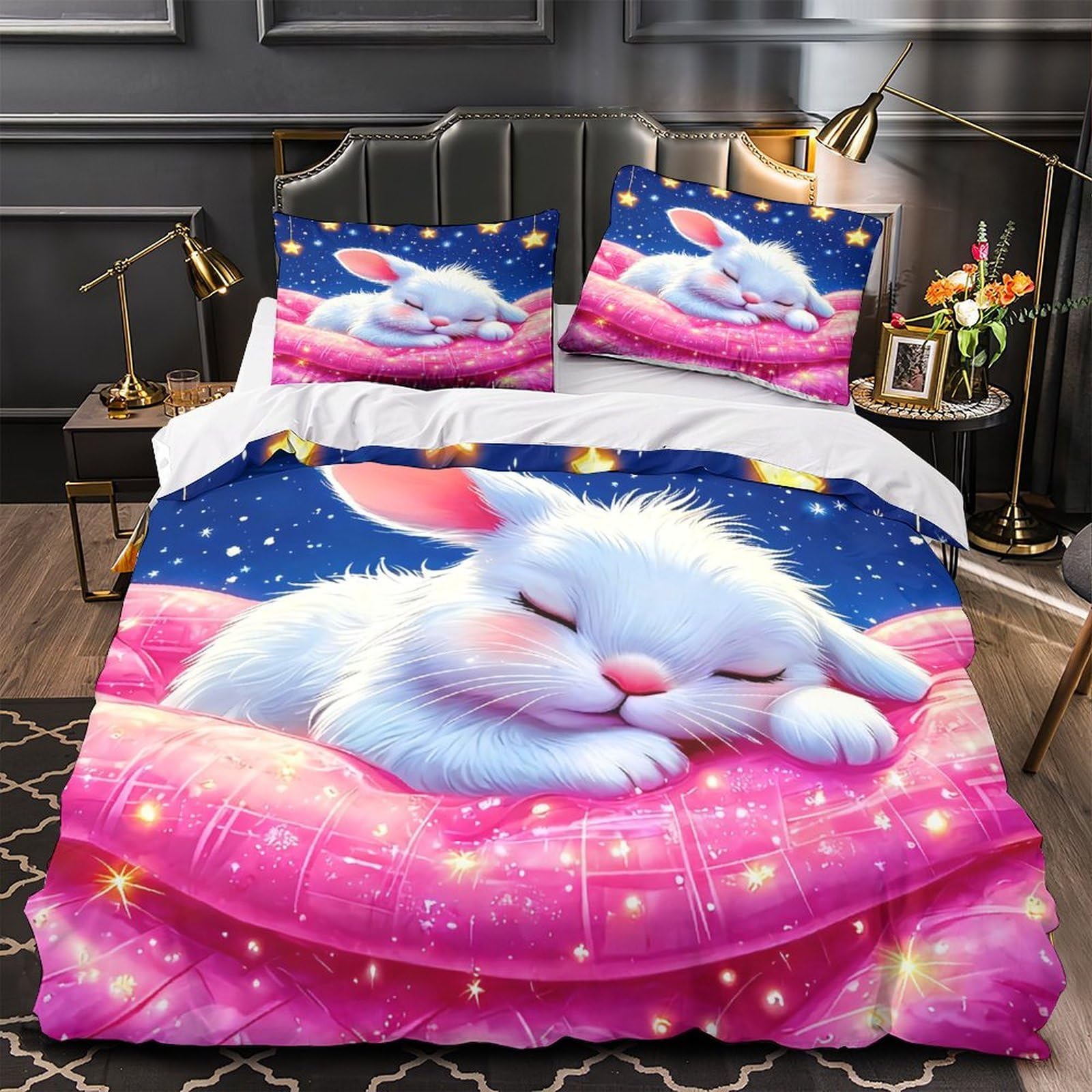 Housse de couette lapin 135x200 parure de lit enfant single en microfibre