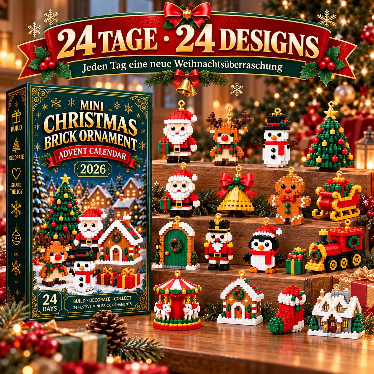 Adventskalender 2026, 24 Mini Bausteine Weihnachtsanhänger zum Bauen
