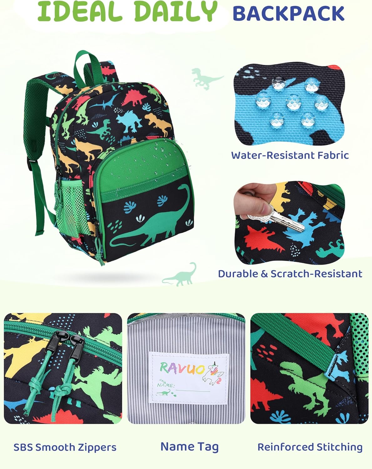 RAVUO Toddler Backpack Boys 2-4，Cute Little Kids Backpack 12inch Preschool Bookbag for Daycare Kindergarten School Travel-Dinosaur