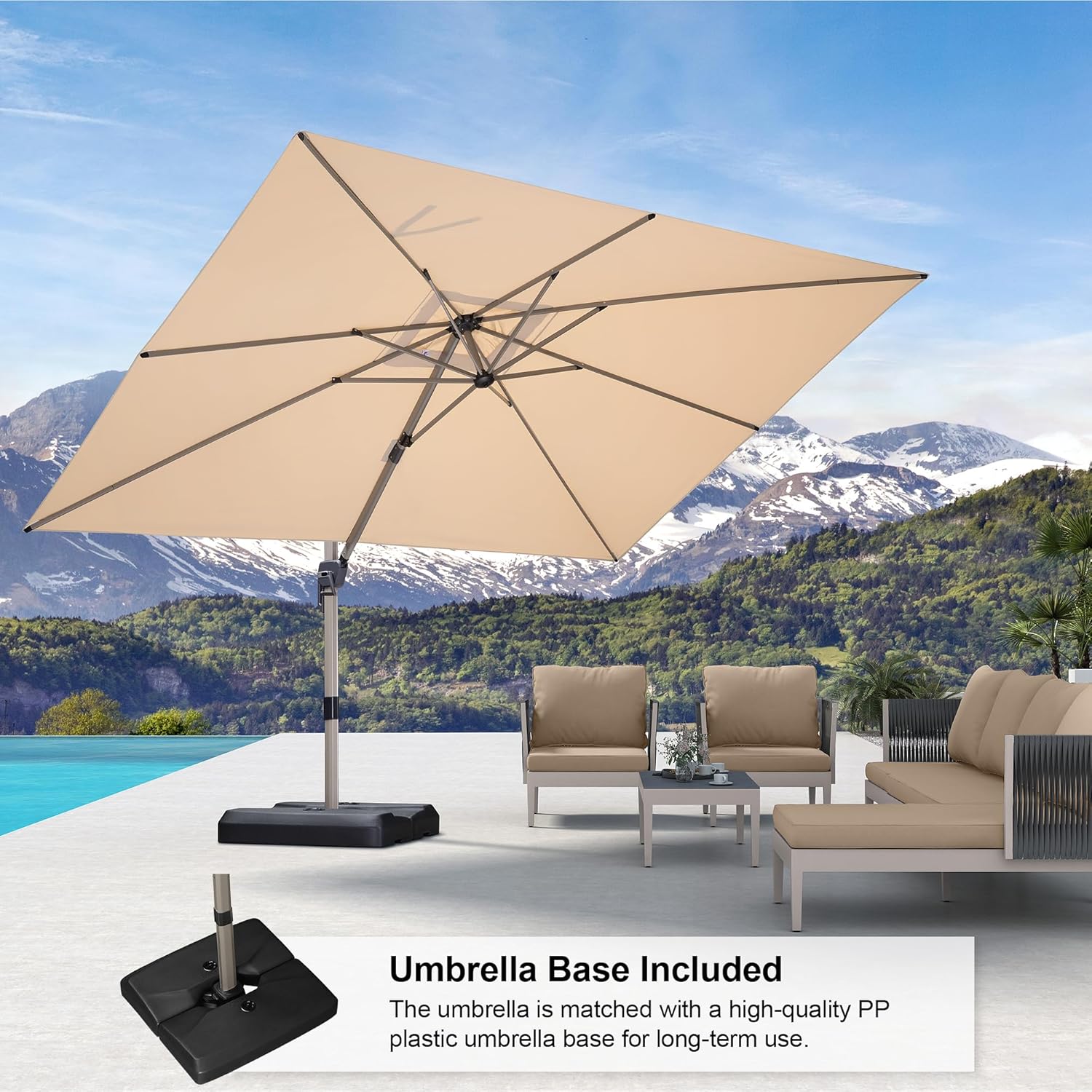 The umbrella base is shown with the main pole inserted, ready for filling.